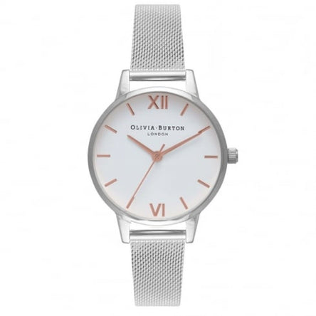 Olivia Burton Midi White Dial Rose Gold & Silver Mesh Watch 30MM